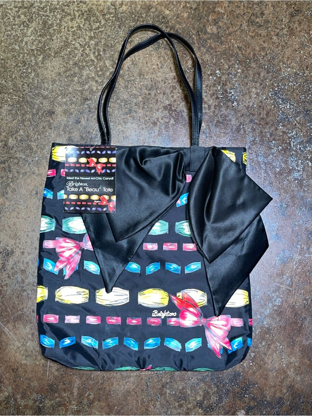 Brighton Black Tote with Pink, Blue, Yellow & Green Accents and Bow